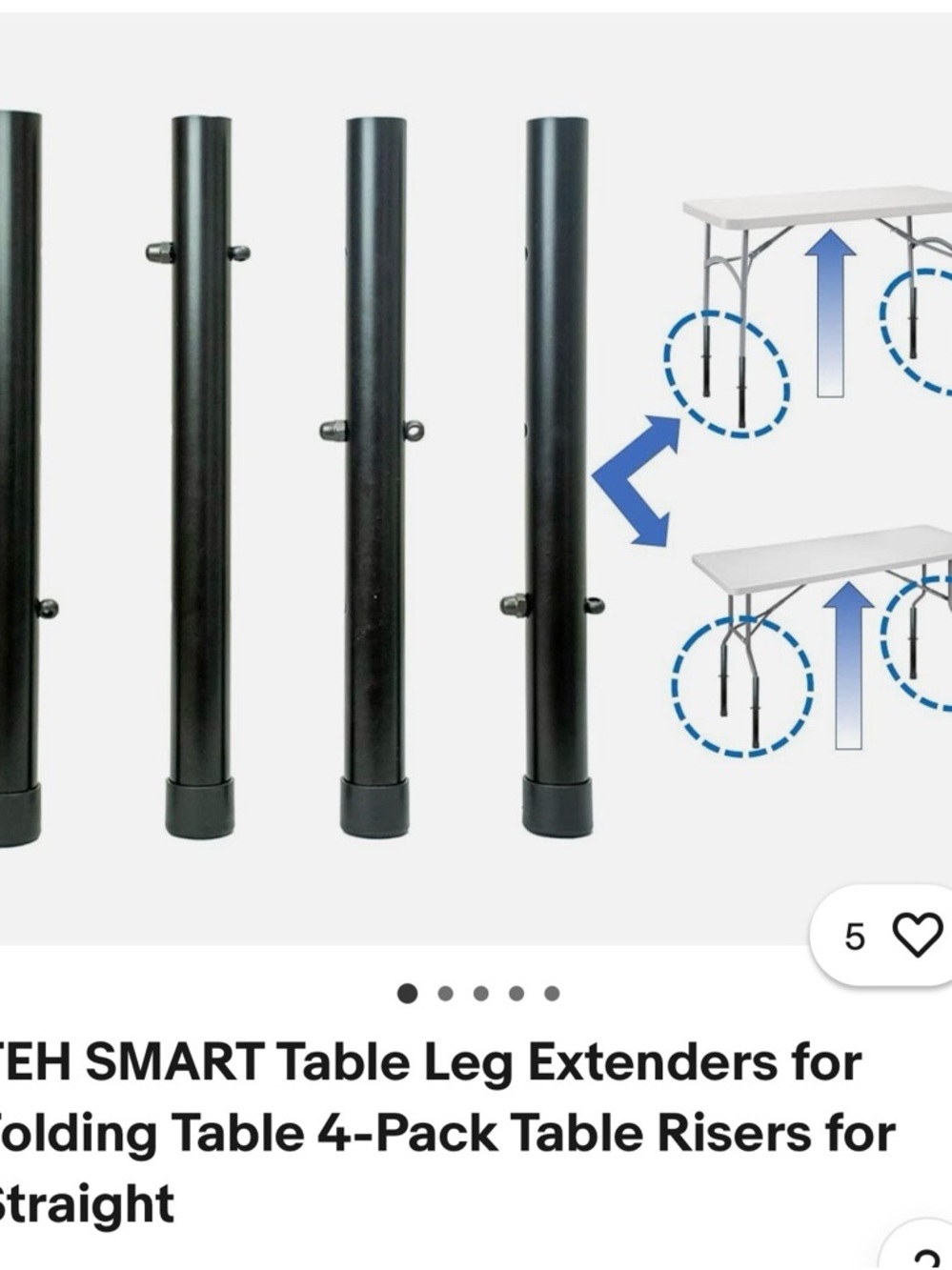TEH SMART Table Leg Extenders (Black) 
Folding Table 4-Pack Table Risers